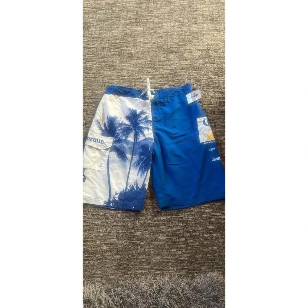 Corona Extra Mens Blue White Tropical Palm Tree Shorts Swim Trunks Size 36 (53)